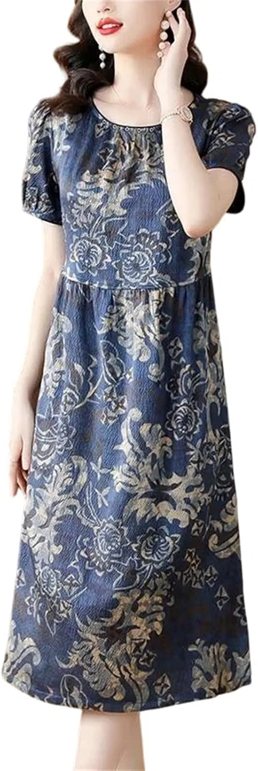 Женское сатиновое платье миди с цветочным принтом Vintage, Blue