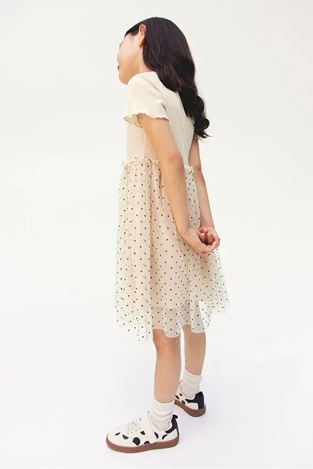 Детское платье для девочек с коротким рукавом Ribbed Cotton Tulle Skirt Detailed Lined Girl's Summer Dress Pink Hippo Kids, Nude Color — фото 3