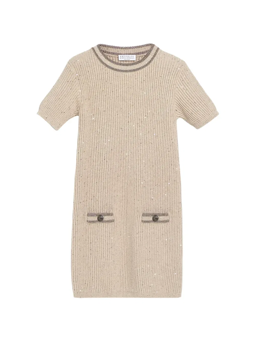 Декорированное платье в рубчик Brunello Cucinelli Kids, бежевый