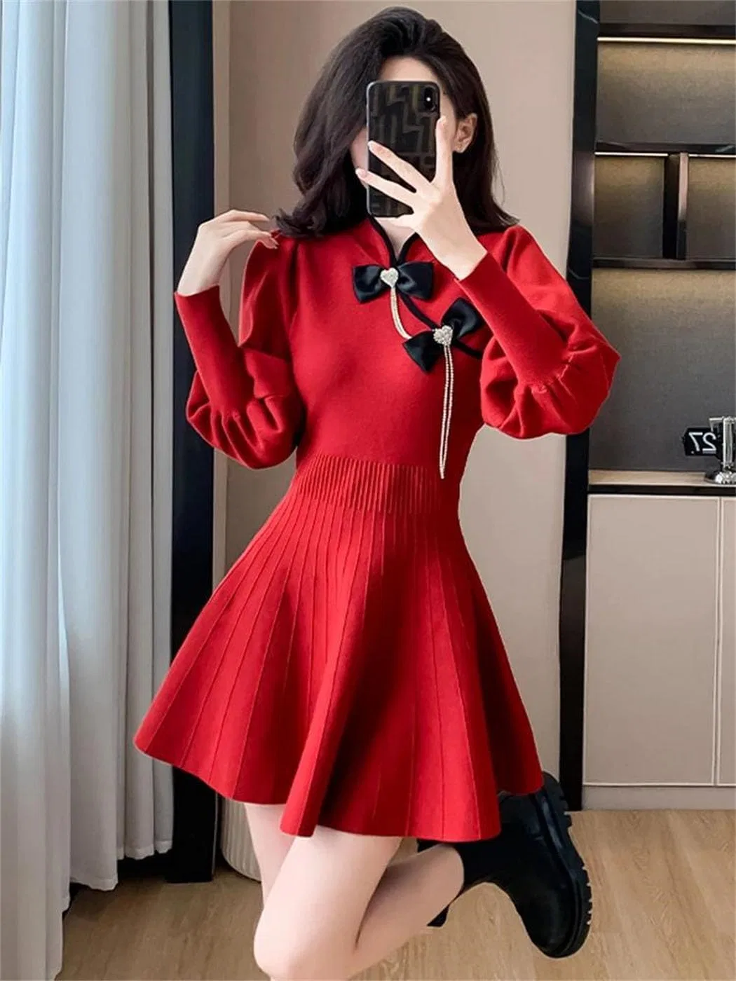 Женское платье мини с воротником-стойкой и бантом A-line, Red — фото 2