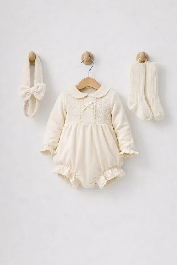 Детский комплект для девочек винтажный с кружевным воротником Minytrendy, Beige — фото 2