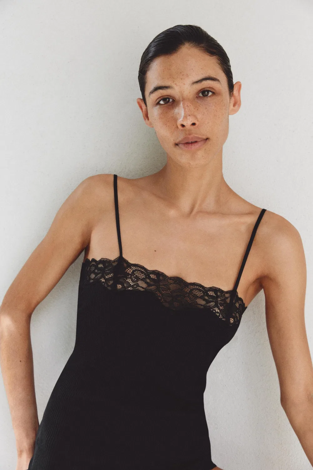Ребристый кружевной топ ZARA, Black