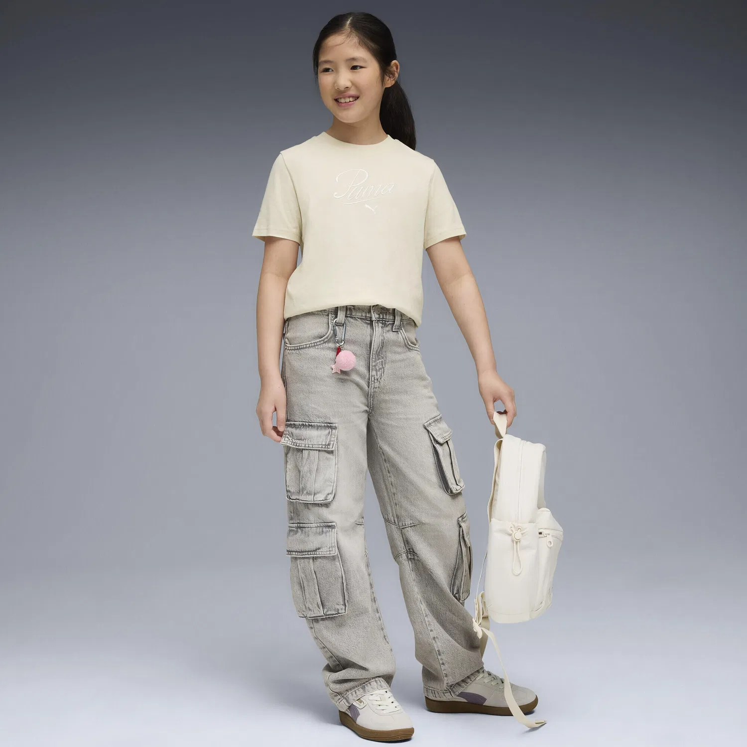 Детская футболка с принтом Essentials Script Puma, Beige Baumwollweiß Cremefarben — фото 4