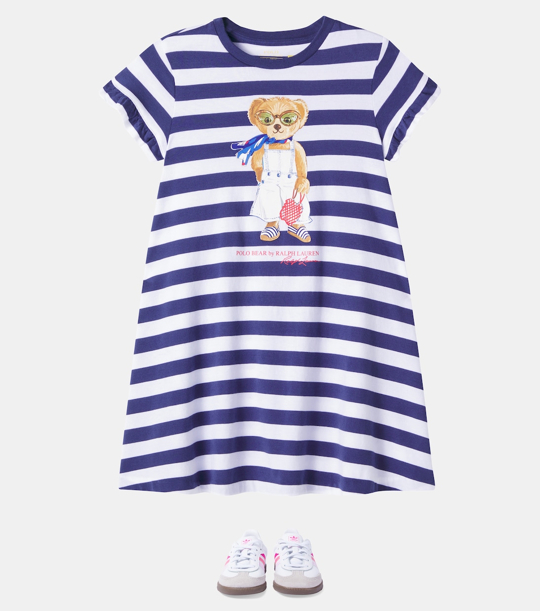 Полосатое хлопковое платье Polo Bear Polo Ralph Lauren Kids, Navy/White Stripe — фото 2