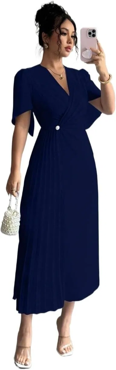 Женское повседневное миди-платье с защипами на талии Chiffon, Navy Blue