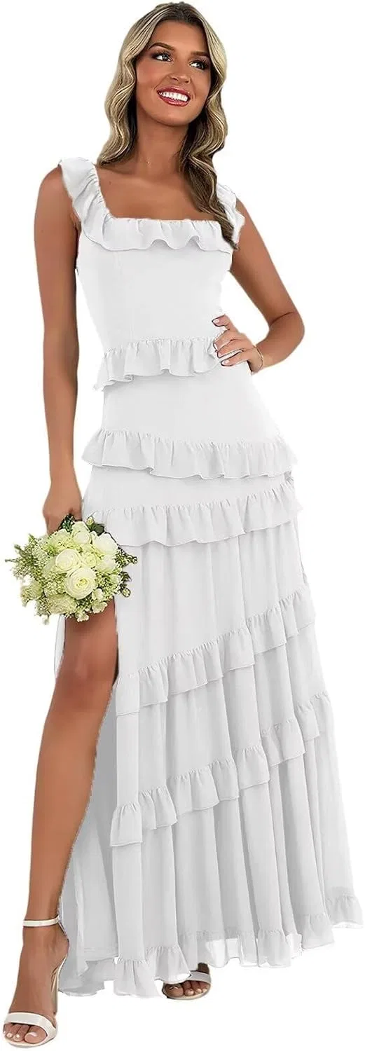 Женское длинное плиссированное шифоновое платье с разрезом, White