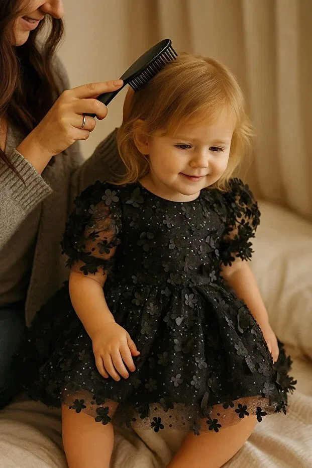 Детское платье для девочек с принтом Black Floral Tulle Dress Tozpembebaby, Black