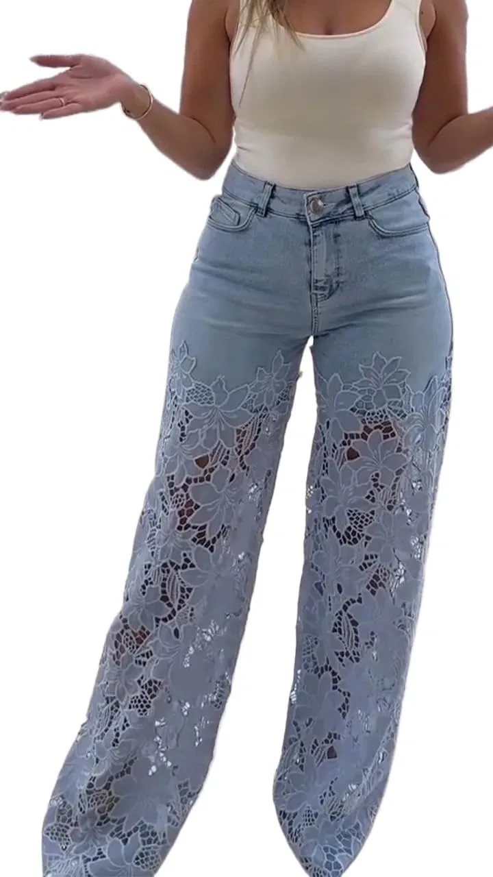 Джинсы свободного кроя с кружевом, Light Blue