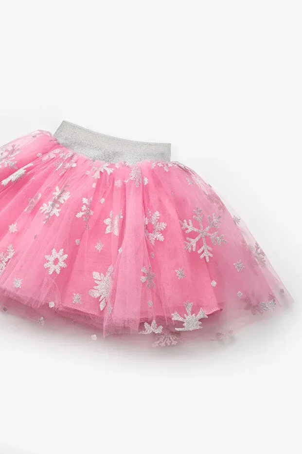 Детская юбка для девочек с принтом Fuchsia Snowflake Printed Girl's Tulle Skirt Pauline Le Mabelle, Fuchsia — фото 4