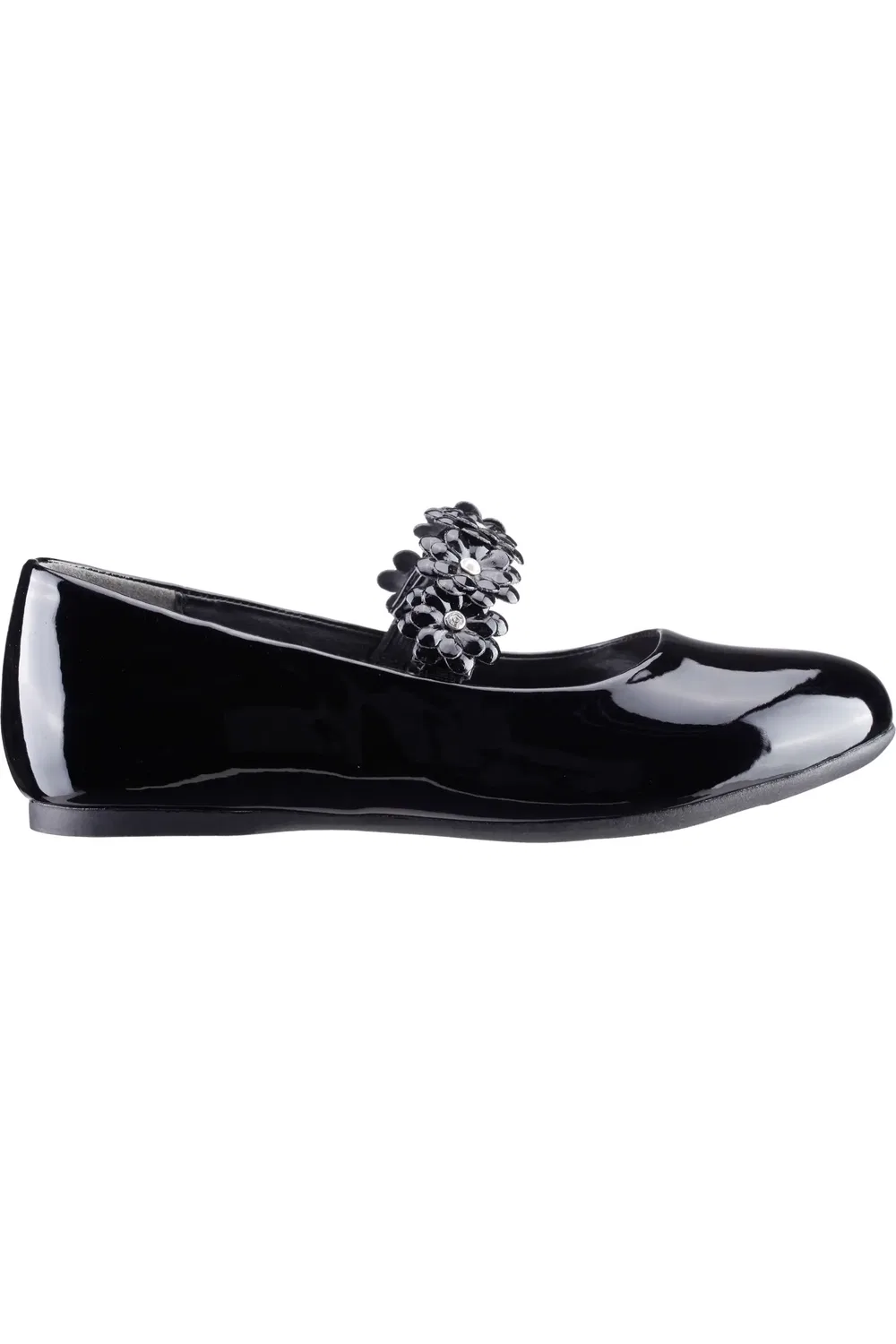 Балетки детские с цветочными аппликациями и ремешком Rozy Nina, Black Patent — фото 3