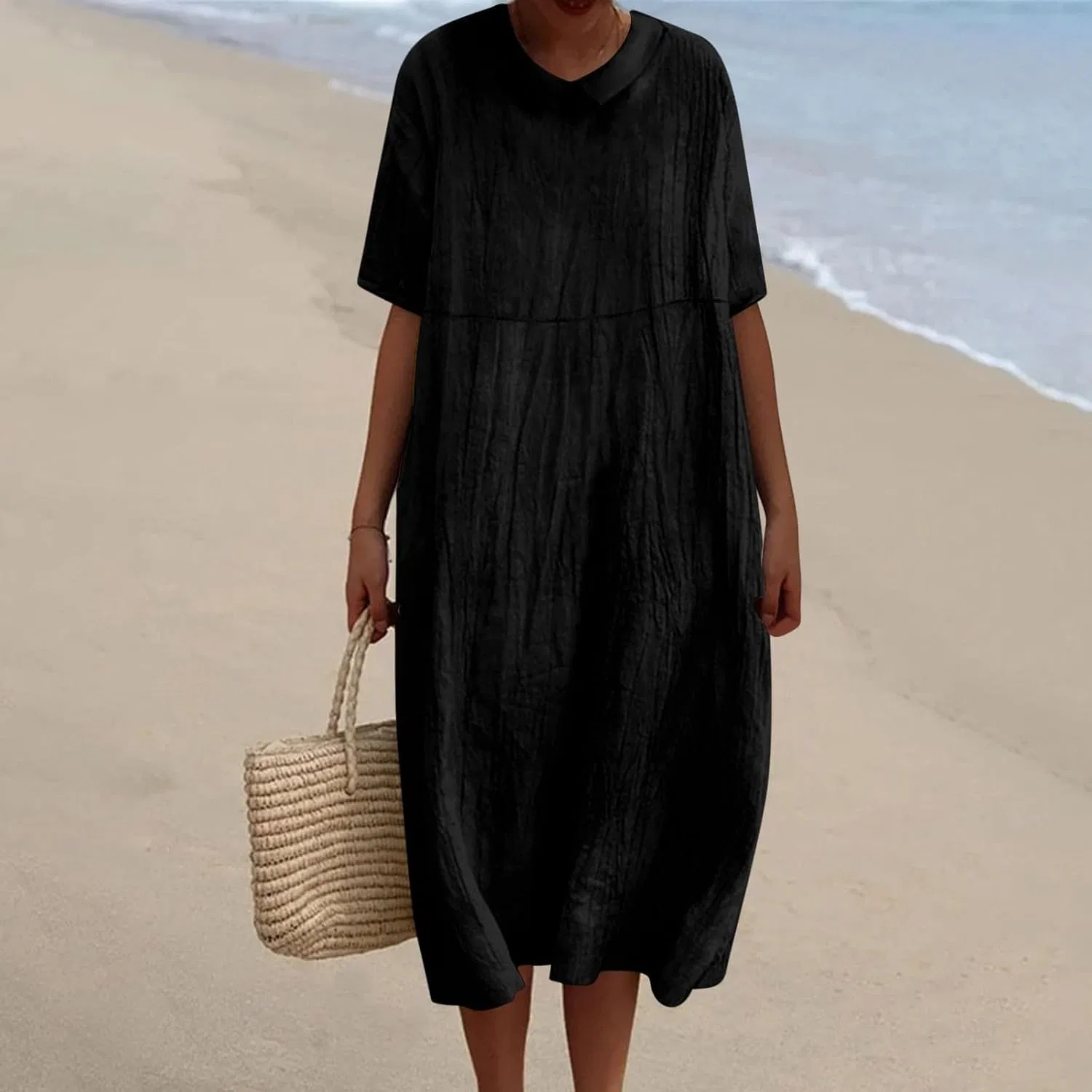 Женское летнее платье-макси с воротником Питер Пэн, Cotton/Linen, Black — фото 2