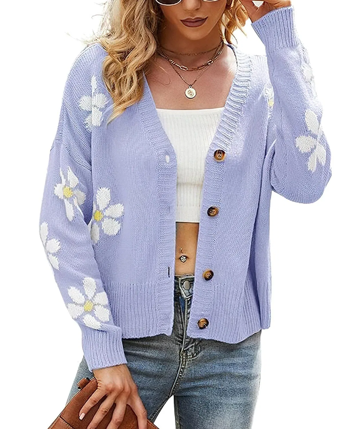 Женское вязаное пальто-кардиган с принтом Daisy Cute Cute Smiling Graphic, 02 Viola