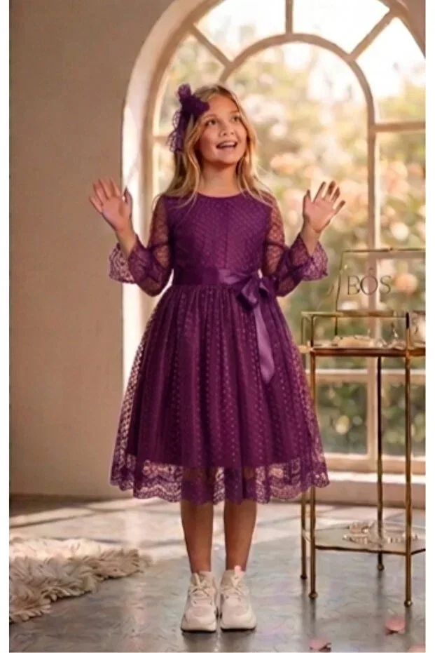 Детское платье для девочек с кружевом Guipure princess girl's dress with lace and buckle Rumi Kids, Purple — фото 4