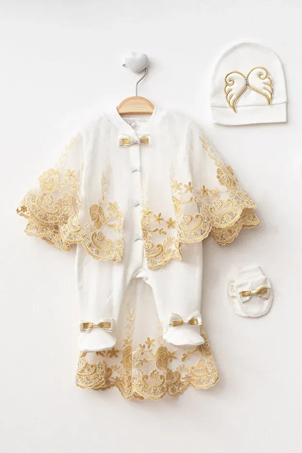 Детский комбинезон для девочек кружевной French lace cape angel wing detail baby religious ceremony jumpsuit Generic Brands, Gold