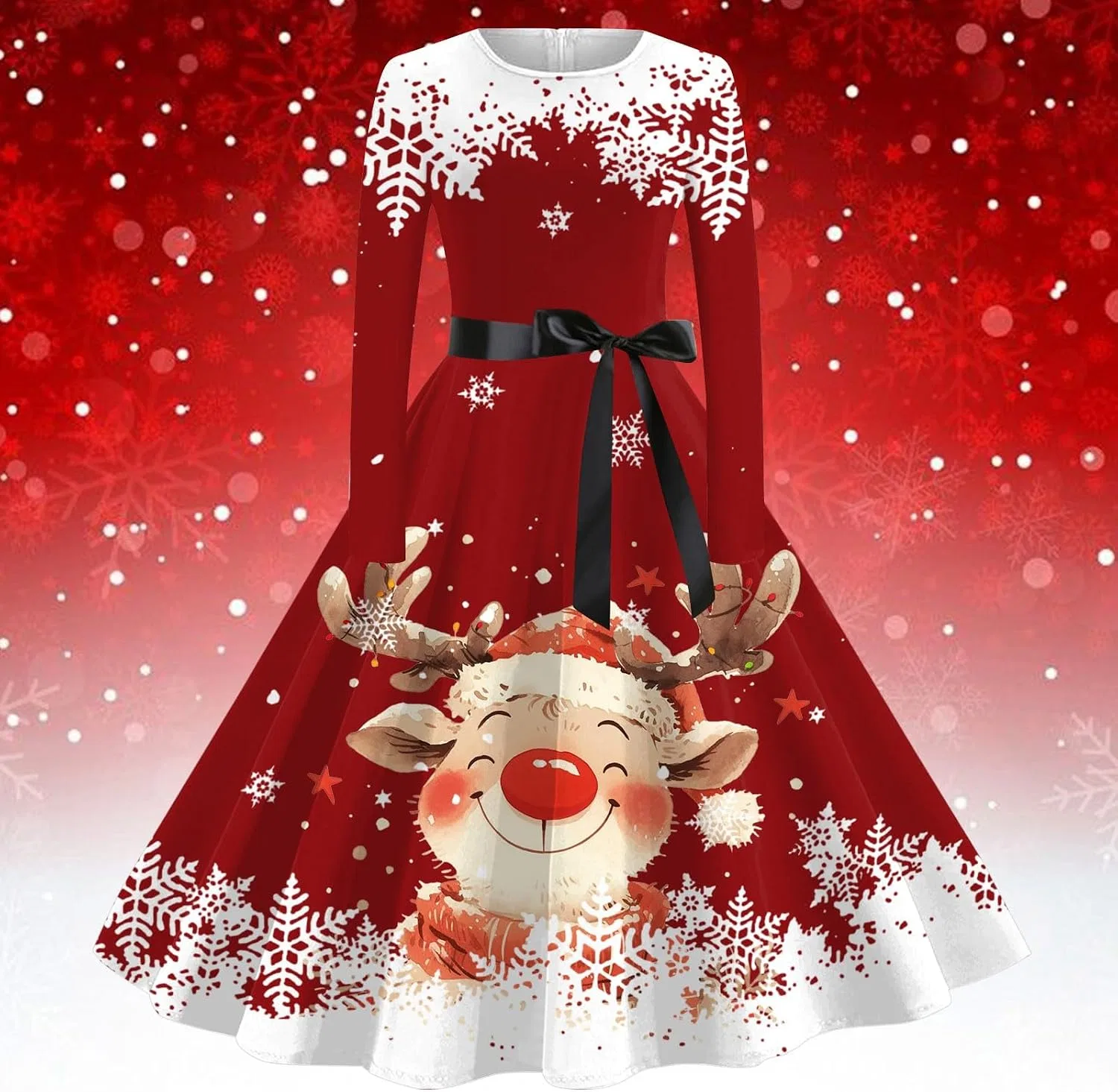 Женское платье-трапеция с длинным рукавом, с принтом, Christmas Dresses for Women, красный — фото 2