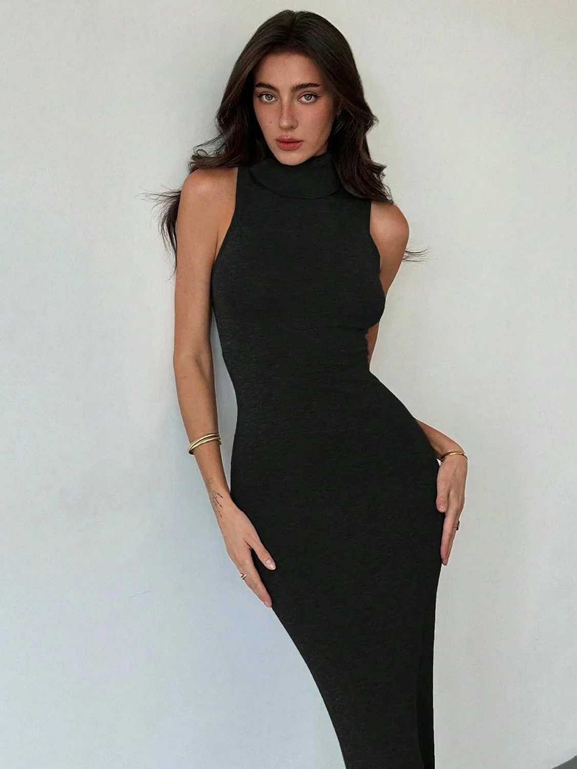 Женское платье с высоким воротом водолазка без рукавов Knitwear, Black — фото 4