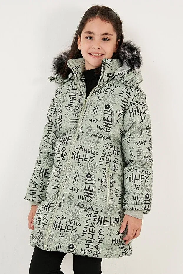 Детское зимнее пальто для девочек с принтом Faux fur text printed removable hooded plush lined winter coat girls child mon Lela, Mint — фото 2