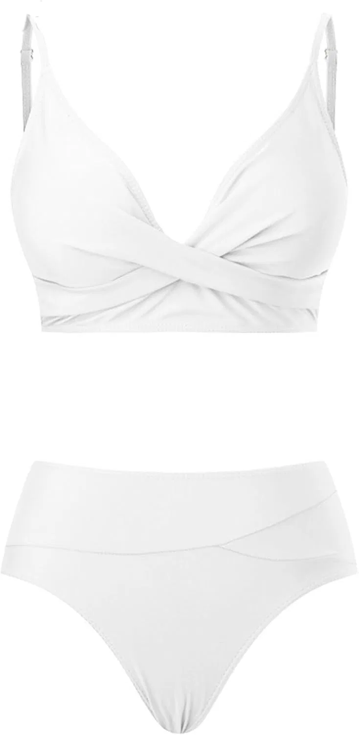 Женский бикини-комплект с V-образным вырезом и высокой талией, White — фото 4