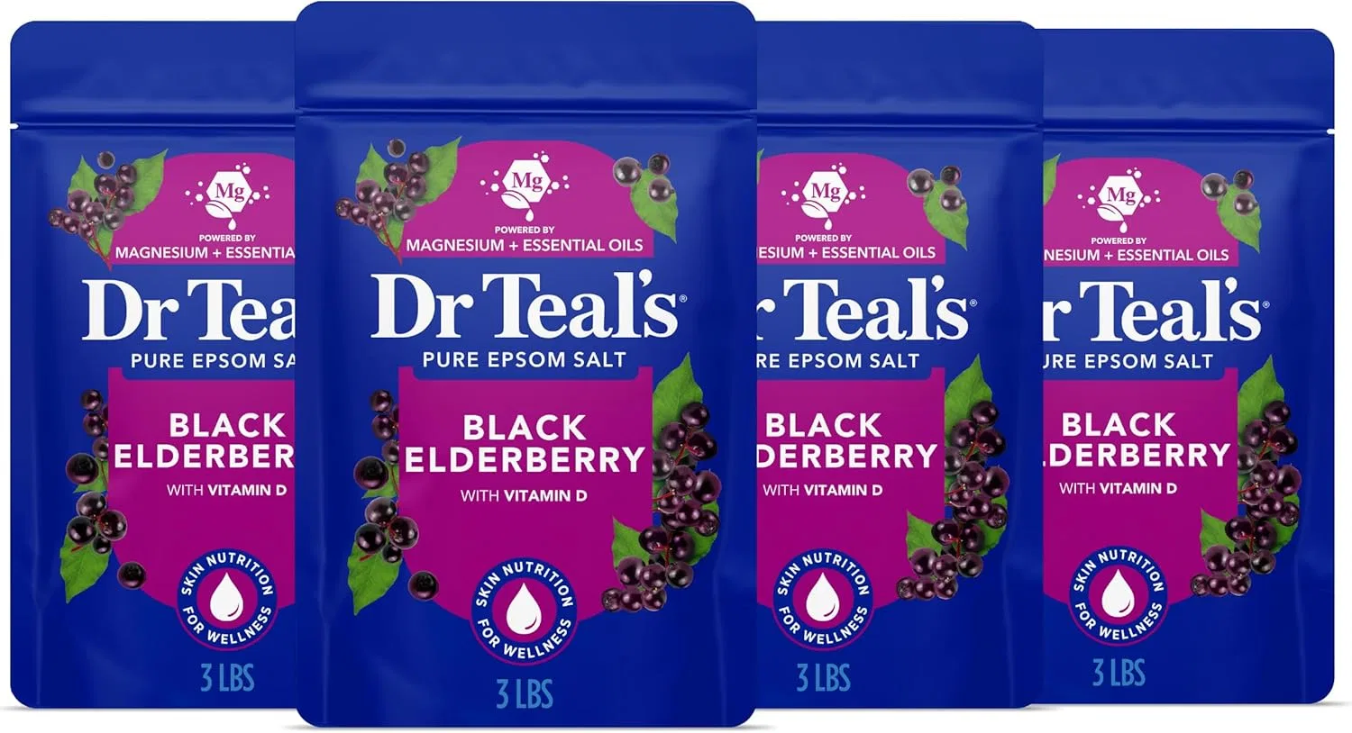 Соль для ванн Dr Teal's Pure Epsom Salt Soak Blackberry with Vitamin D, 1.3 кг, 4 шт