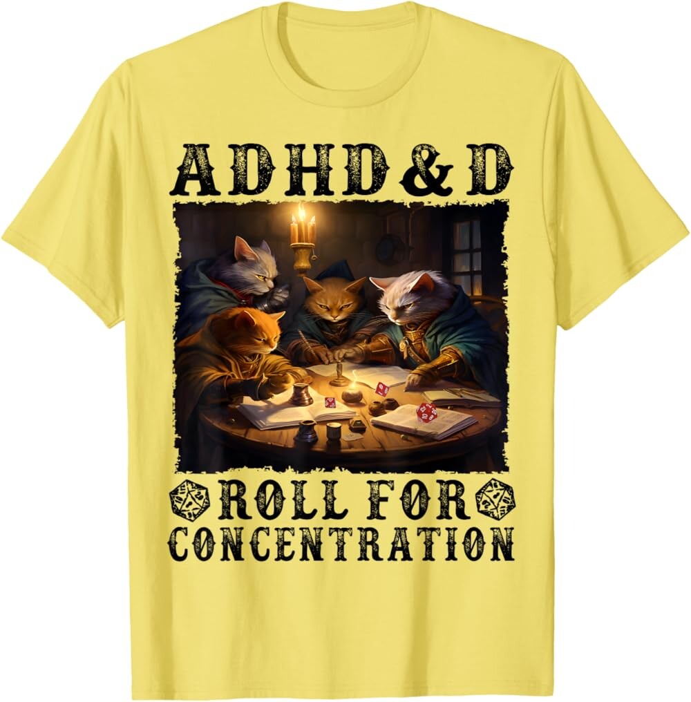 

Мужская футболка Funny Tees Gamer RPG Apparel Cats RPG Gamer Roll For Concentration, желтый