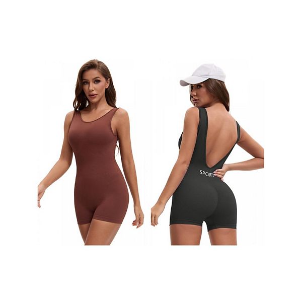 

2 упаковки женских комбинезонов для тренировок с открытой спиной и эффектом контроля живота Inspire Chic, Coffee Dark Grey