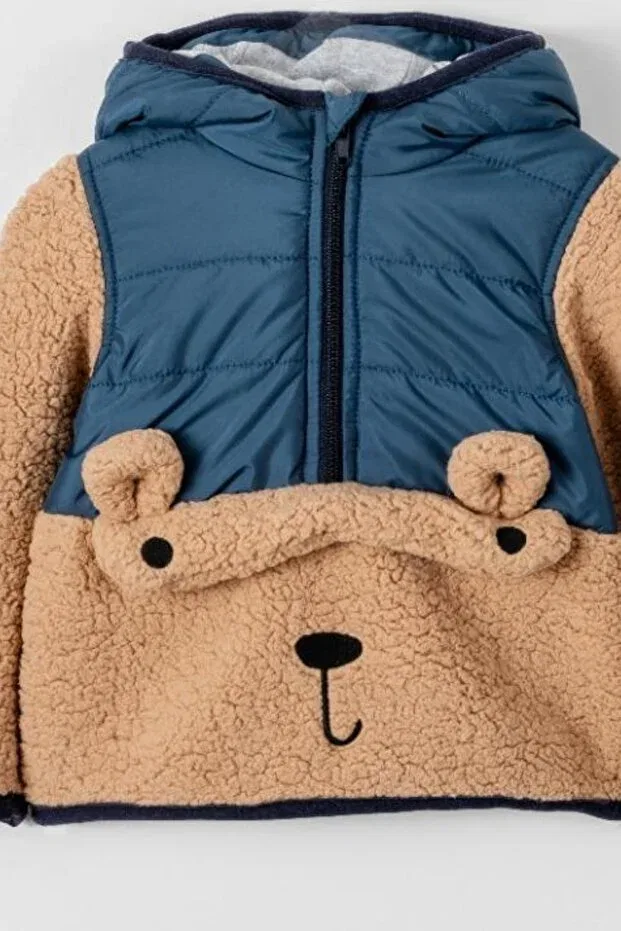 Детское пальто для девочек с капюшоном Cute Bear Figured Hooded Thick Winter Welsoft Sherpa Coat Verscon, Taupe — фото 2