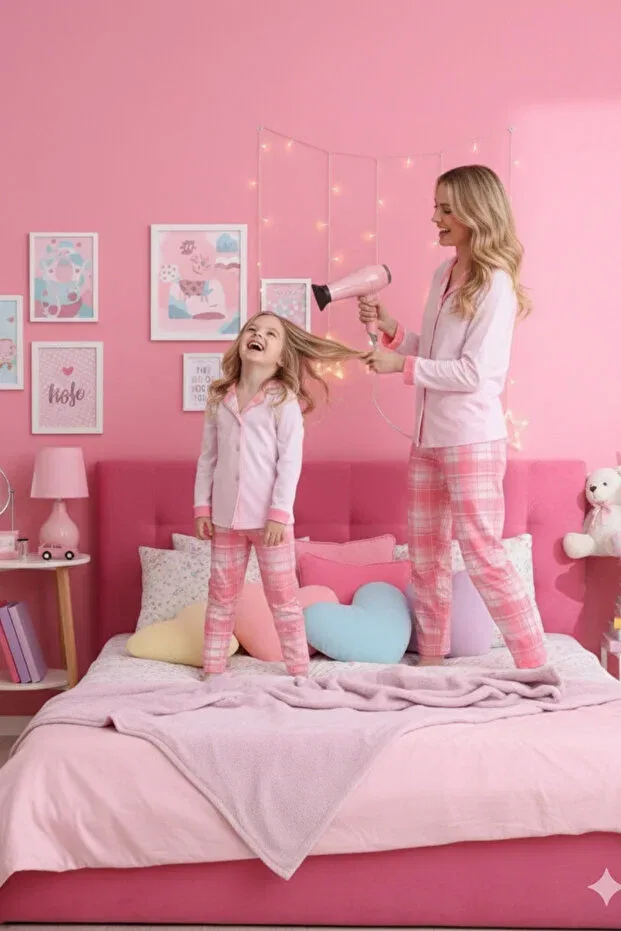 Детская пижама для девочек с принтом Powder Pink Plaid Pattern Elitol, Pink Toz-12 — фото 3
