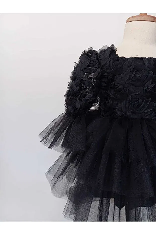 Детское платье для девочек с рюшами Rose Bow Detailed Tulle Tutu Evening Dress Baby, Black — фото 3
