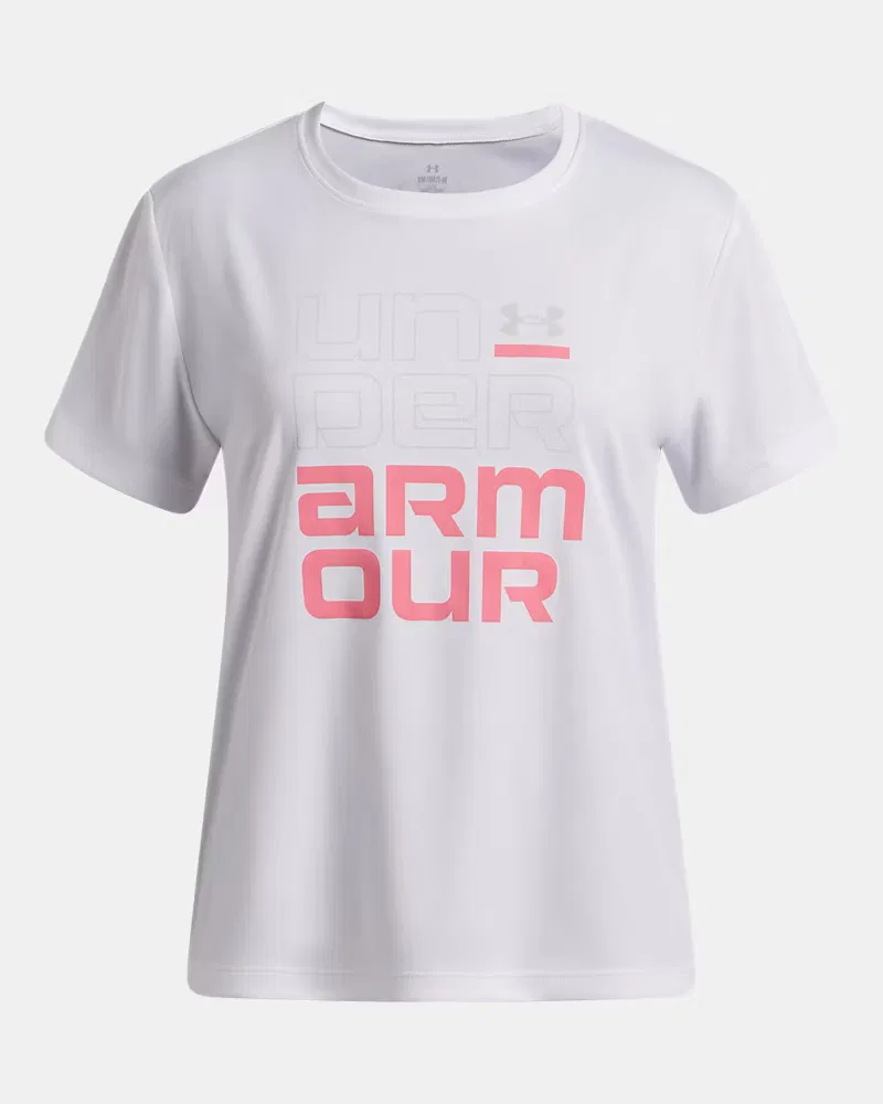 Футболка для девочек с коротким рукавом, быстросохнущая, UA Tech Split Wordmark UnderArmour, White/Bittersweet Pink