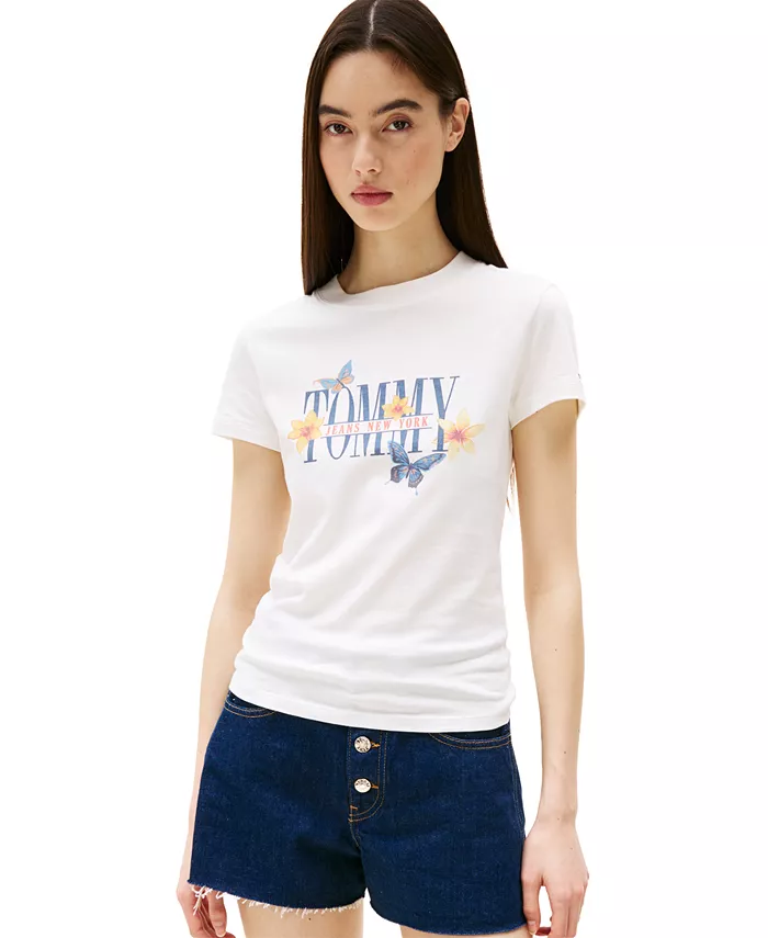 

Женская хлопковая футболка приталенного кроя с принтом бабочки Tommy Jeans, слоновая кость/кремовый