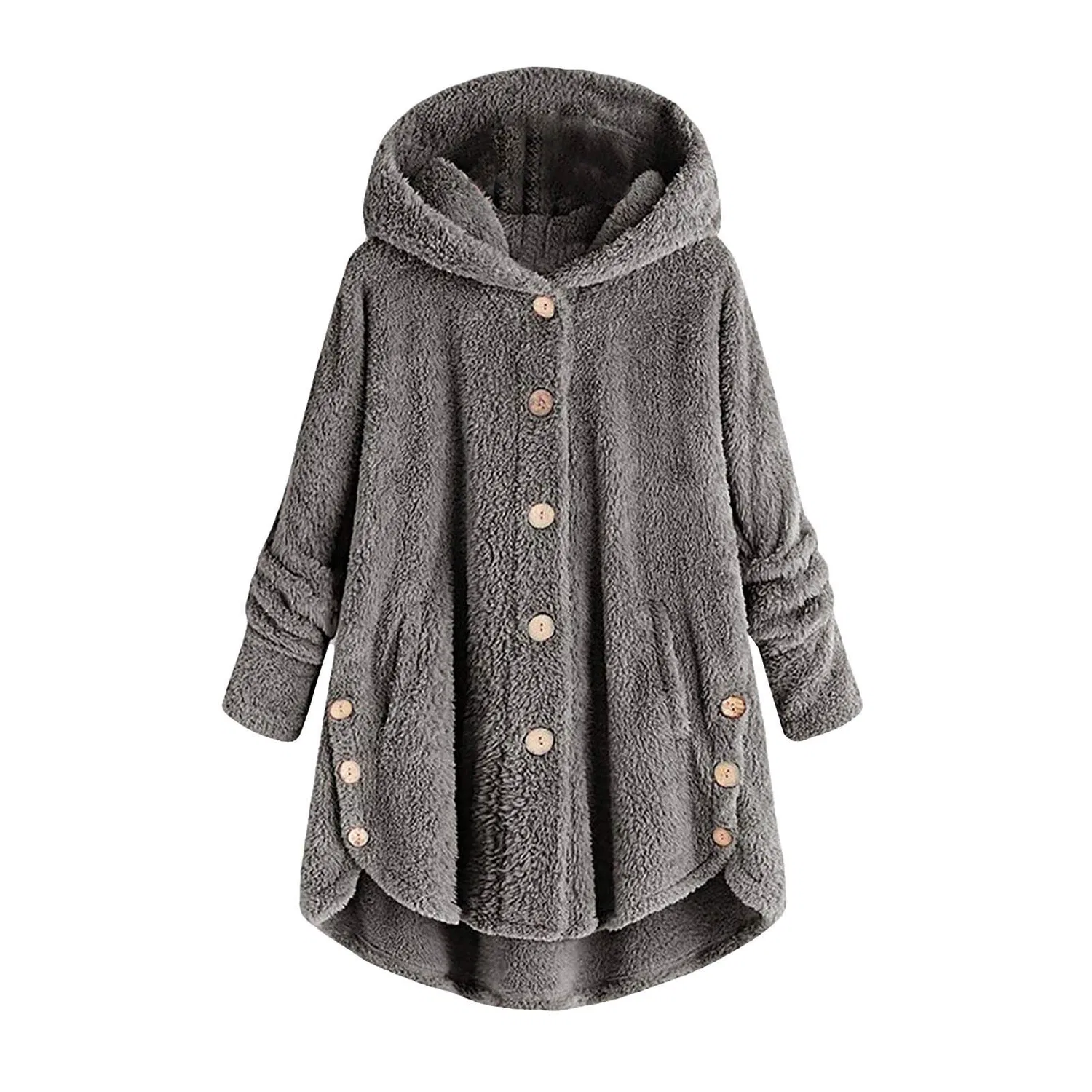Женское утепленное пальто из флиса с капюшоном и пуговицами, Dark Grey2 — фото 2