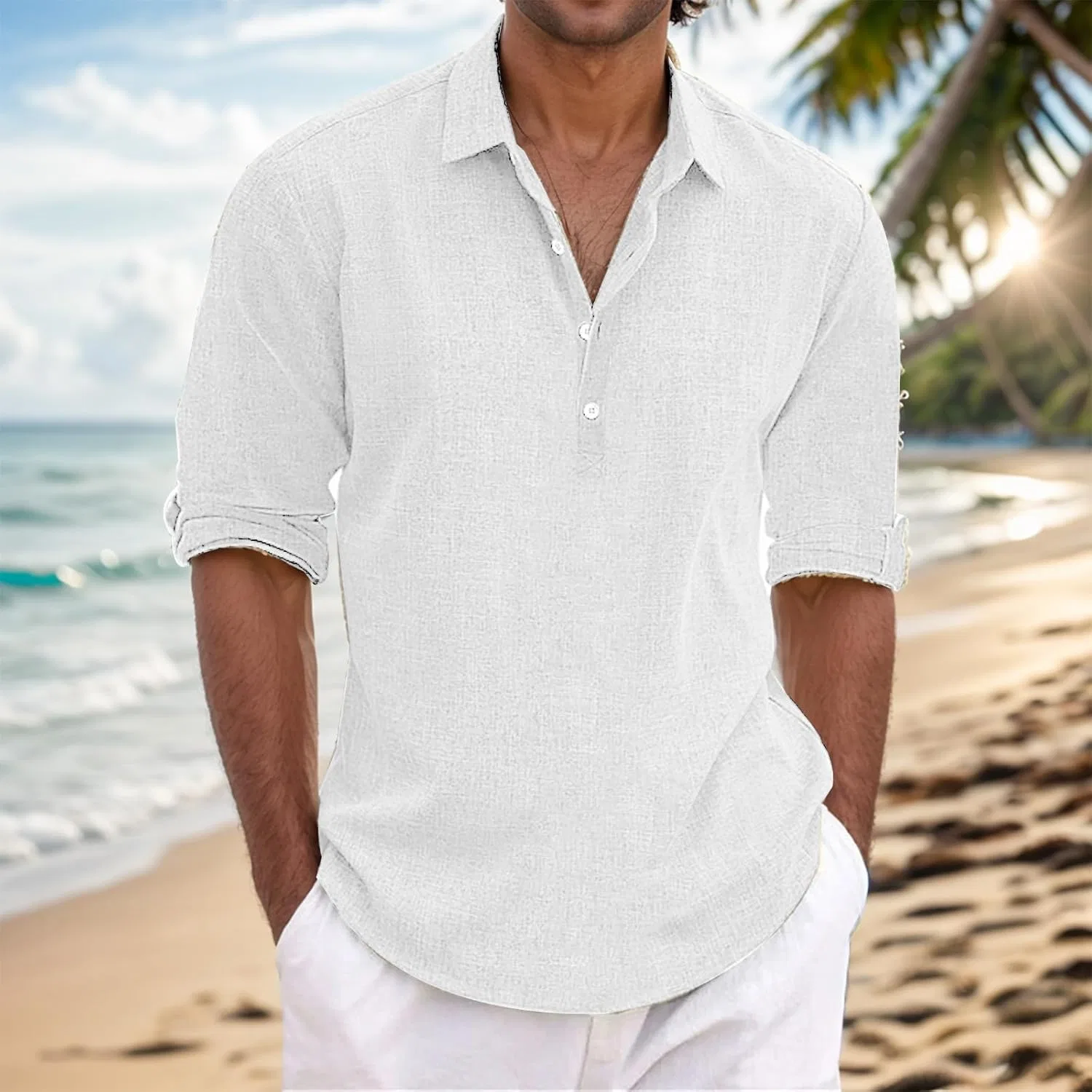 Мужская льняная рубашка-поло с воротником-стойкой Slim Fit, White — фото 2