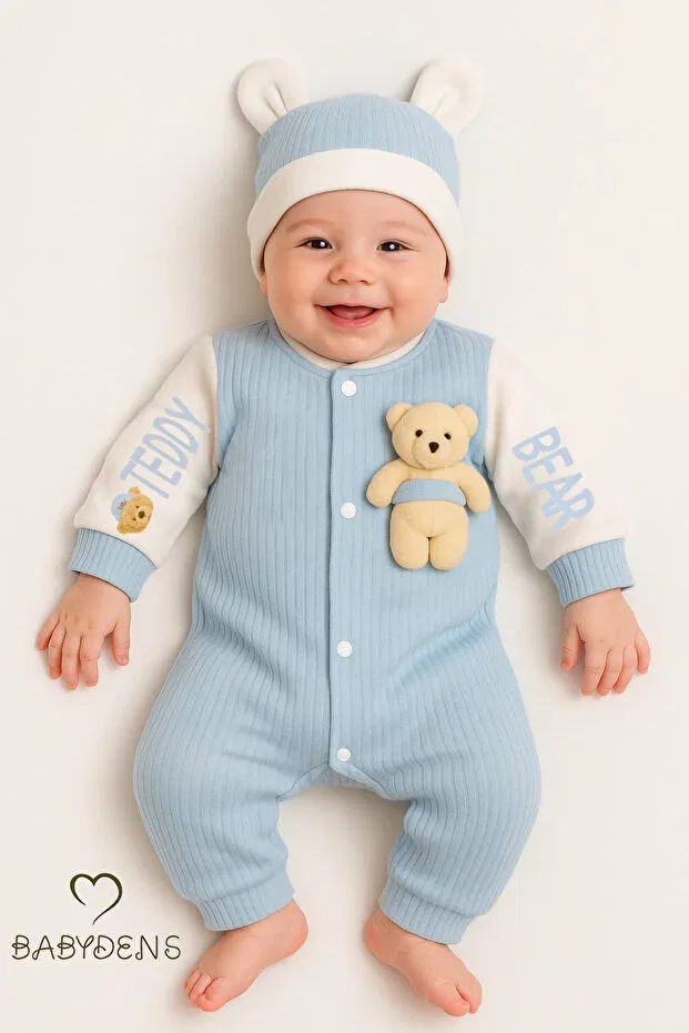 Детское боди-комбинезон для новорожденных с принтом Teddy Bear Themed Newborn Ribbed Romper Set with Teddy Bear Baby Romper and Hat Set Babyden'S, Blue