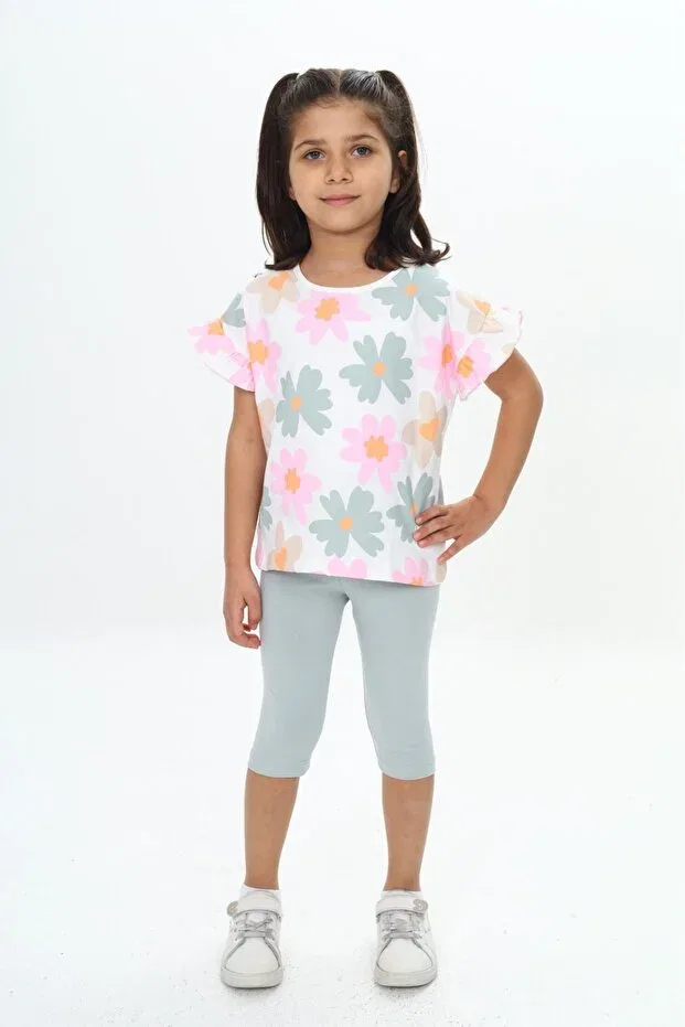 Детский комплект для девочек с принтом Girl'S Sleeve Ruffle Detailed Floral Printed Capri Suit Toontoy, Green — фото 2
