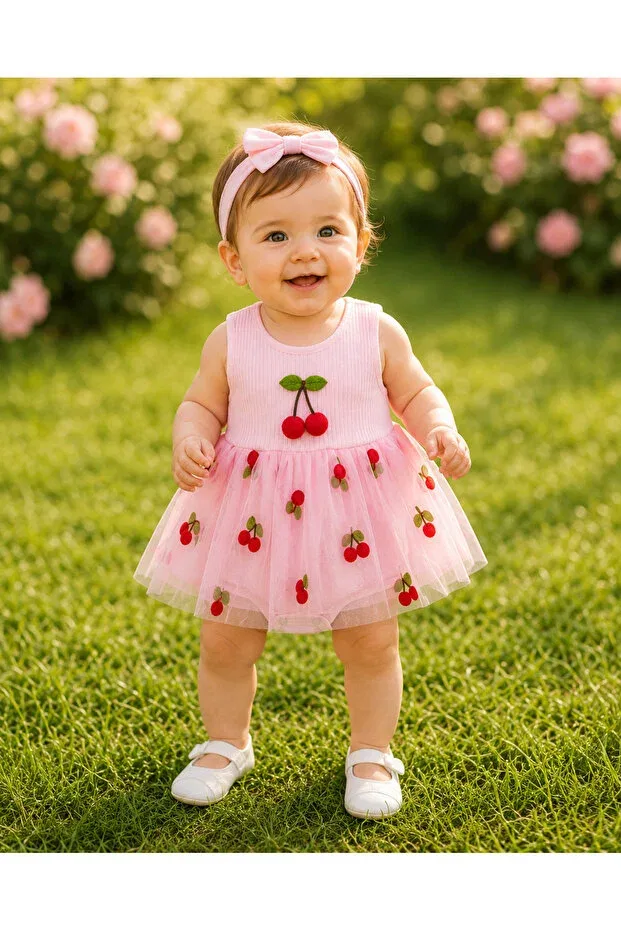 Детское платье для девочек хлопковое Cherry Detailed Tulle Snap Masal Bebe Kids, Pink
