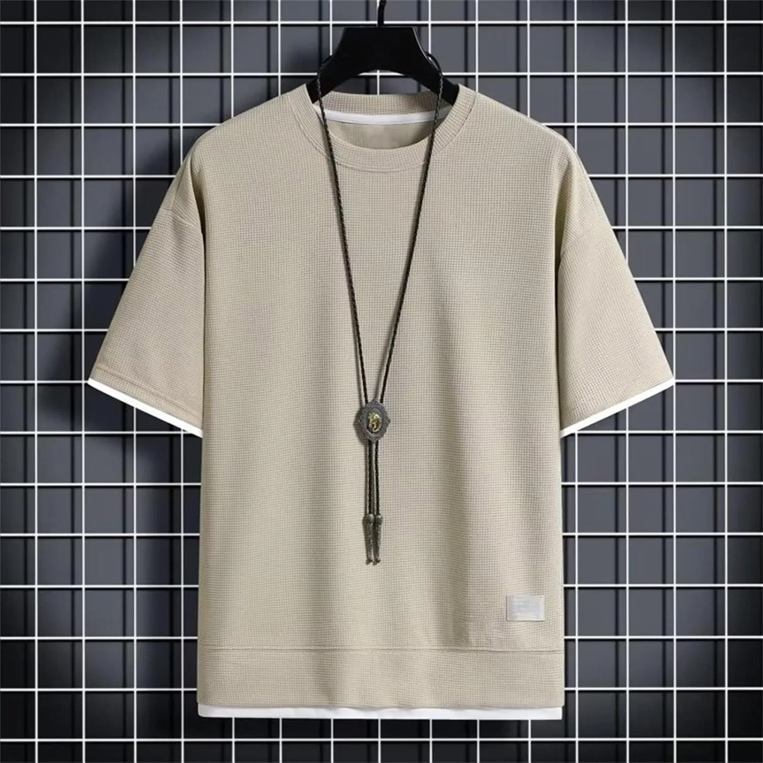 Мужская свободная футболка с вафельной текстурой, Beige — фото 3