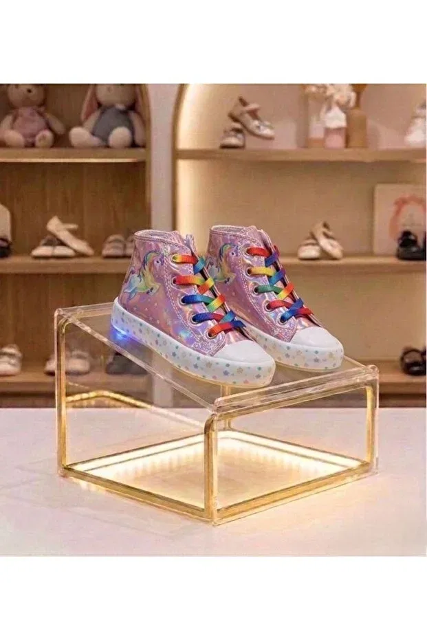 Детские спортивные туфли для девочек с принтом Unicorn patterned rainbow lace-up lighted girls' casual sports shoes Papuctime, Pink — фото 4
