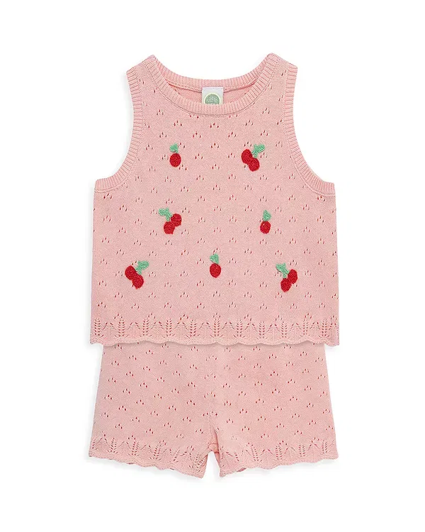 Детский комплект для девочек с принтом Cherry Pointelle Top & Shorts Set Little Me, розовый — фото 3