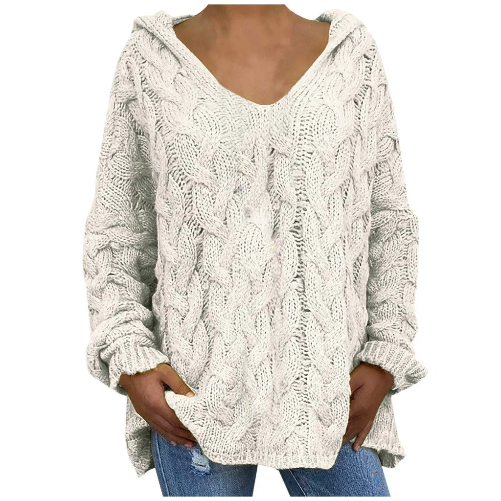 Женский свитер с v-образным вырезом и косами Chunky Knit Pullover Hoodies, White