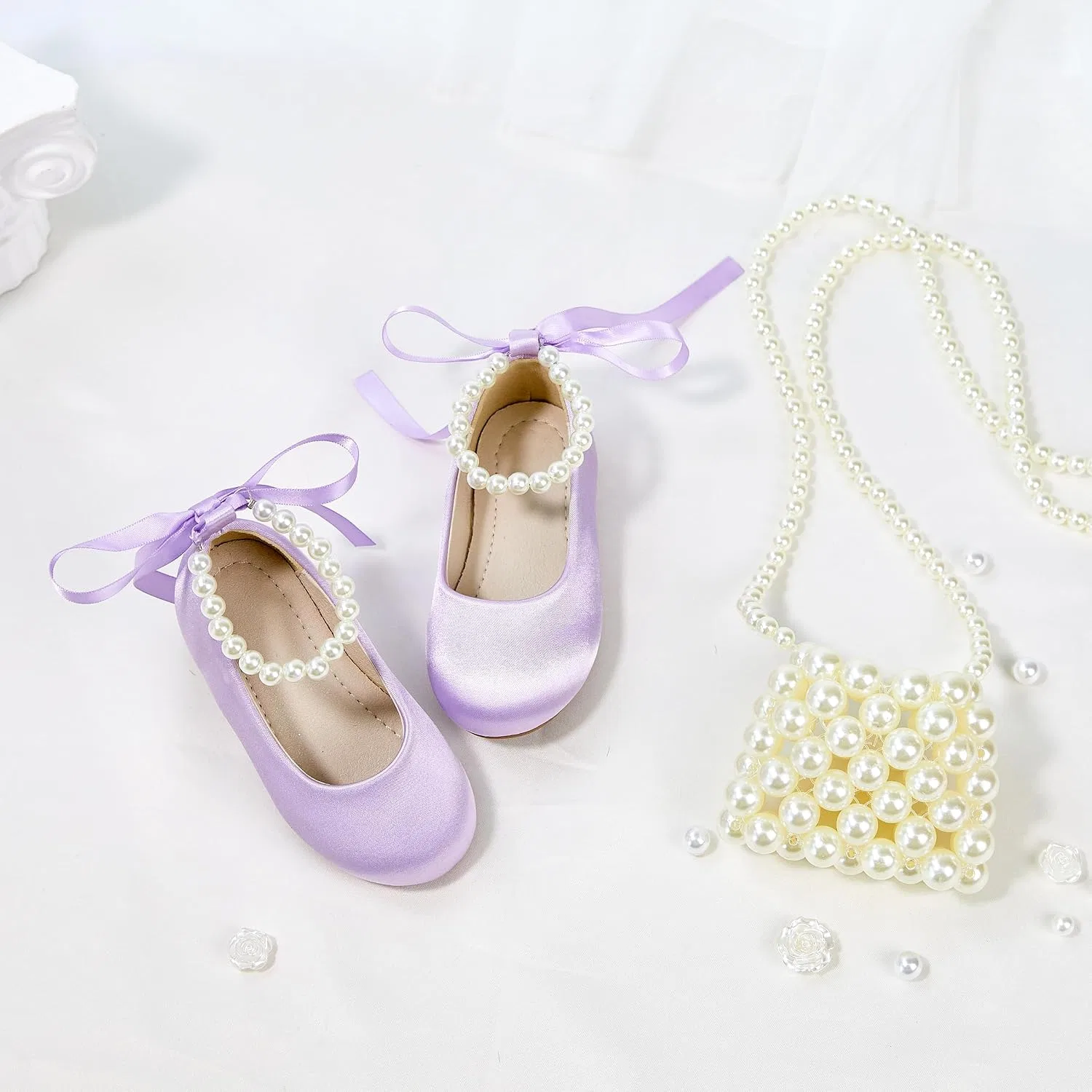 Детские туфли-балетки для девочек с жемчужным ремешком PHIRAMIN, Purple Pearl Strap — фото 3