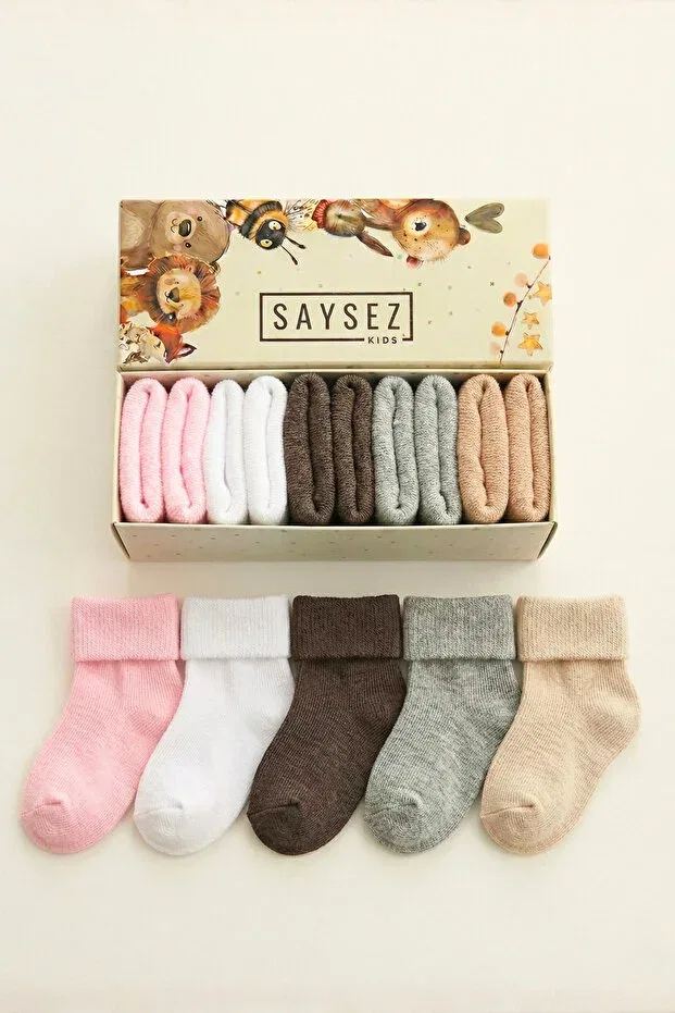 Детские носки для новорожденных хлопковые Organic cotton unisex 5-piece boxed premium newborn baby socks Saysez, Pink-White-Brown-Gray-Beige