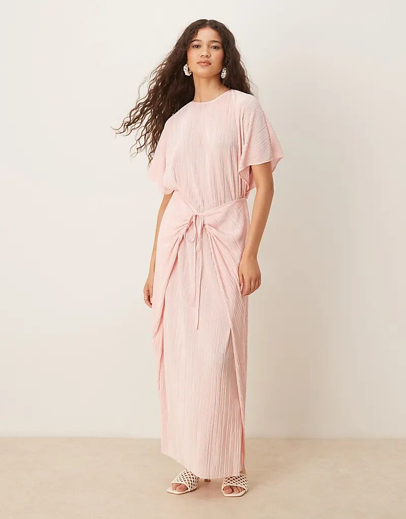 

Платье макси ASOS DESIGN с короткими рукавами, плиссированное, с запахом и завязками, нежно-розового цвета