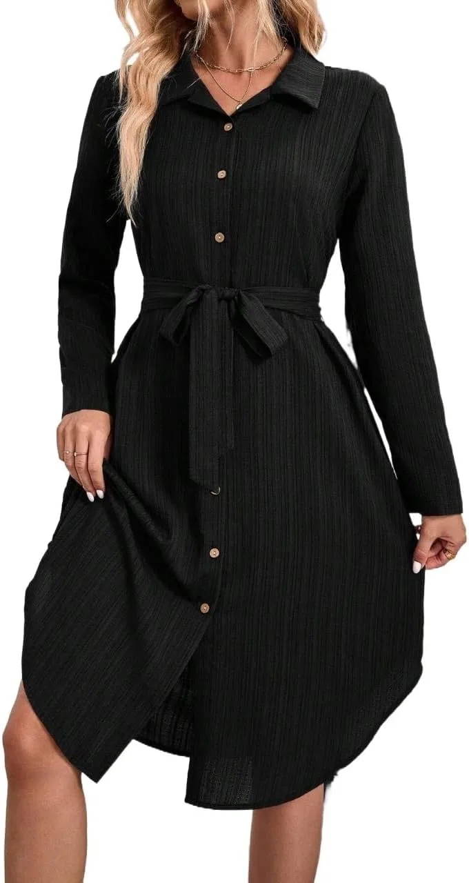 Женское платье-рубашка с поясом Long Sleeve, Black