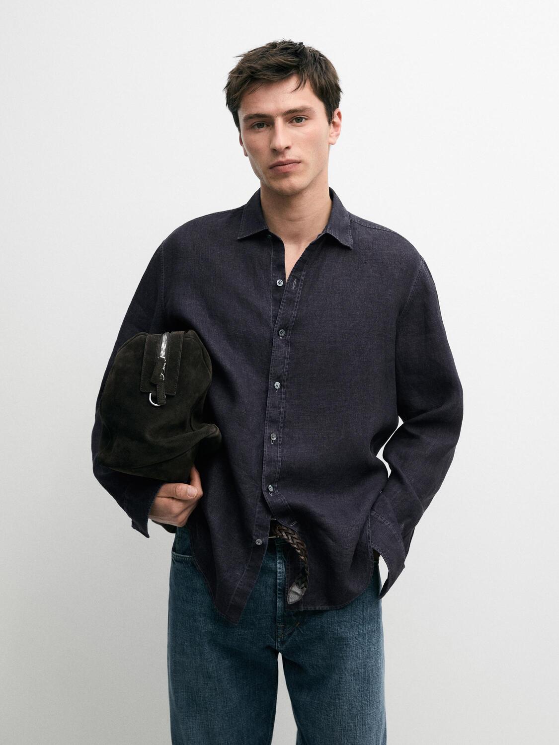 Рубашка Massimo Dutti 100% Linen Regular Fit, индиго — фото 3