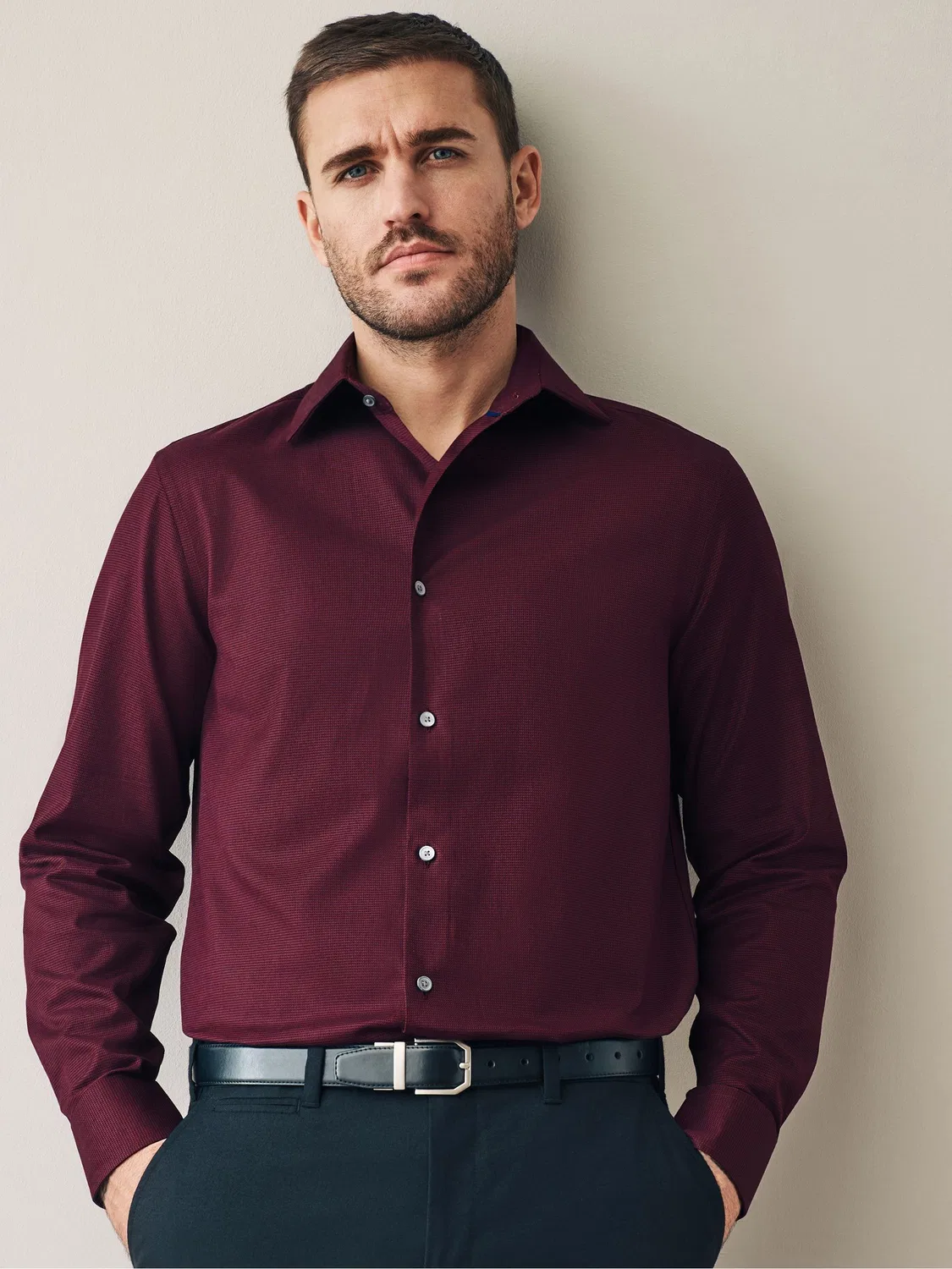 Рубашка классическая Slim Fit, Signature Next, Бургунди