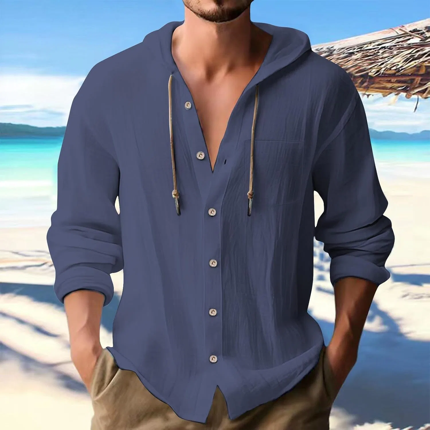 Мужская льняная рубашка с капюшоном Lightweight Beach Holiday Button Up, Dark Blue — фото 2