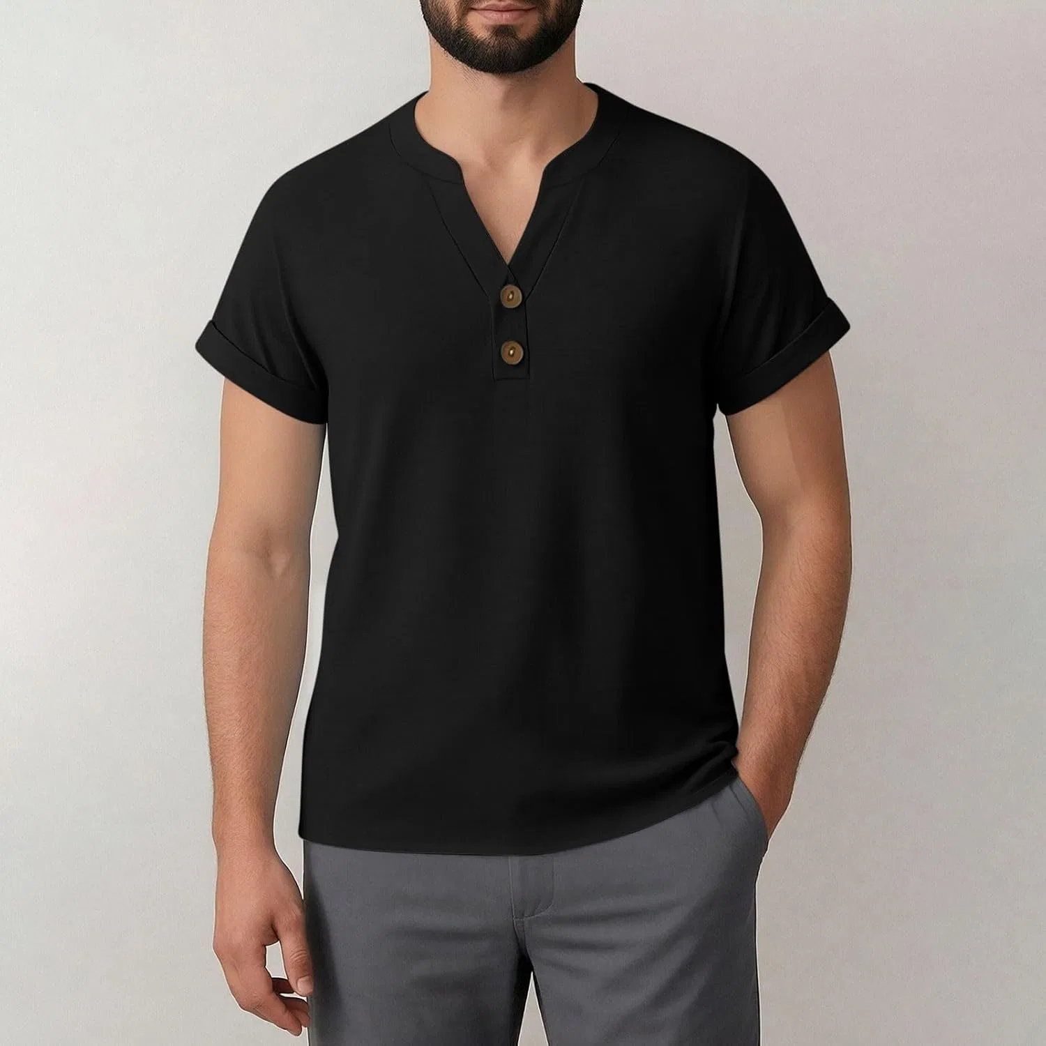 Мужская футболка с V-образным вырезом Henley, Black — фото 3