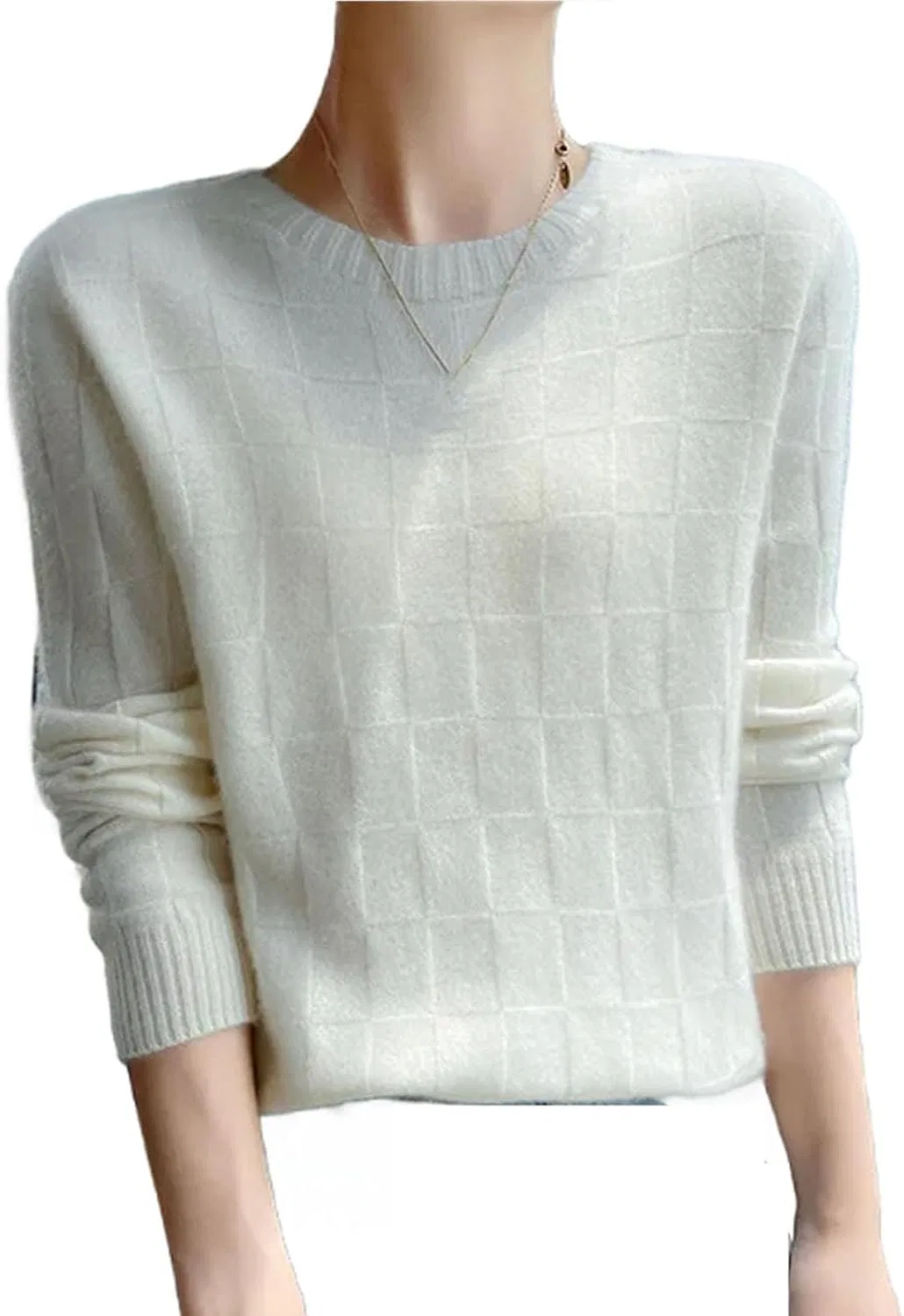 Женский свитер из шерсти и кашемира с круглым вырезом, Elegant White