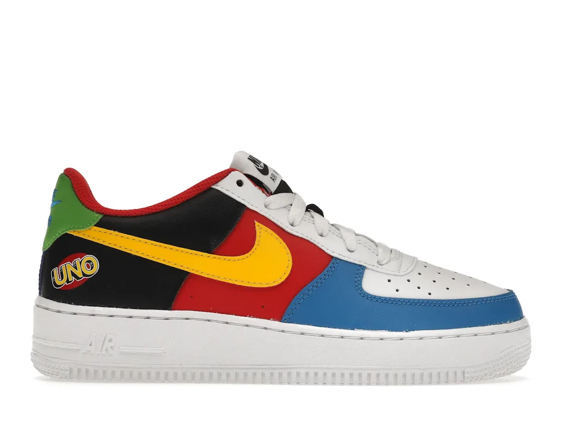 Детские кроссовки для мальчиков и девочек с принтом Uno Nike Air Force 1 Low '07 QS, White/University Gold-University Red-Game Royal