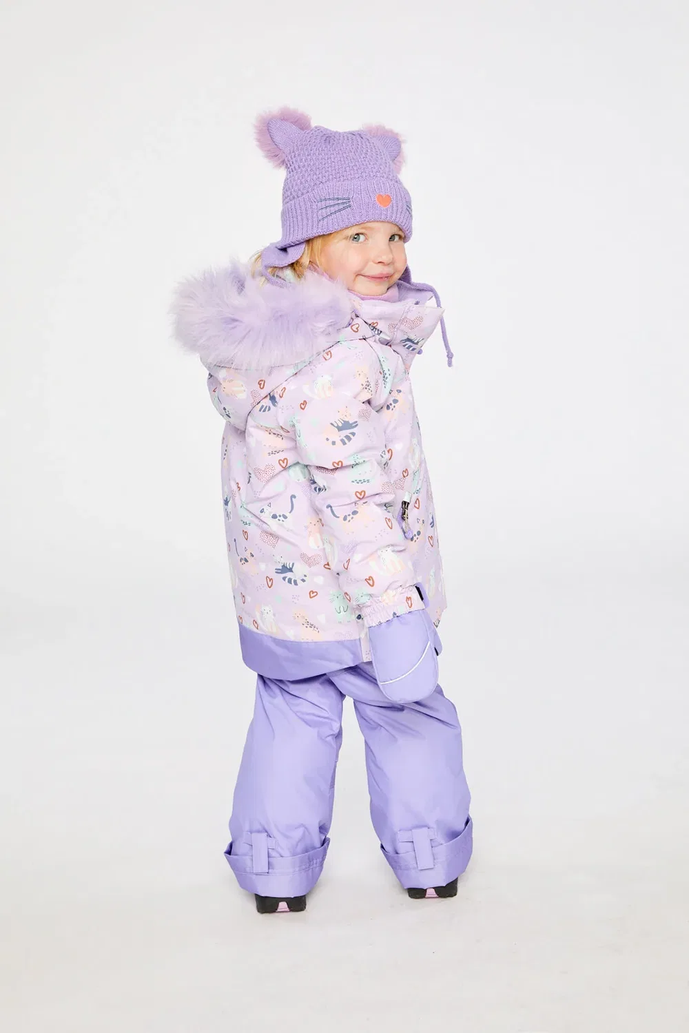 Детский зимний комбинезон из двух предметов с утеплителем Deux par Deux, Purple Printed Cats — фото 3